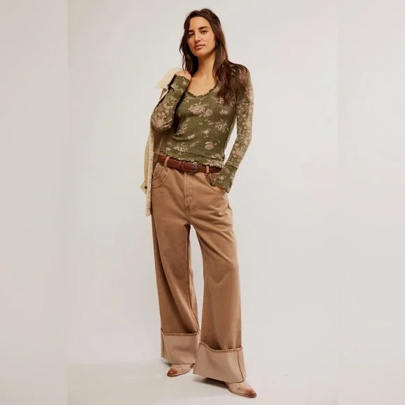 🌻🆕FREE PEOPLE We The Free Clover Printed Thermal-Army Combo-Size XS, S & M - Picture 6 of 12